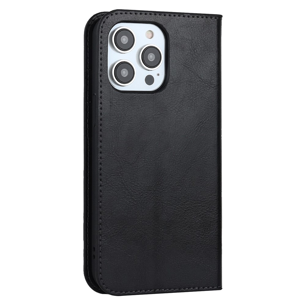 For iPhone 14 Pro Max 6.7 inch Magnetic Auto-absorbed Phone Case Crazy Horse Texture Genuine Leather Wallet Stand Folio Cover - Black-9