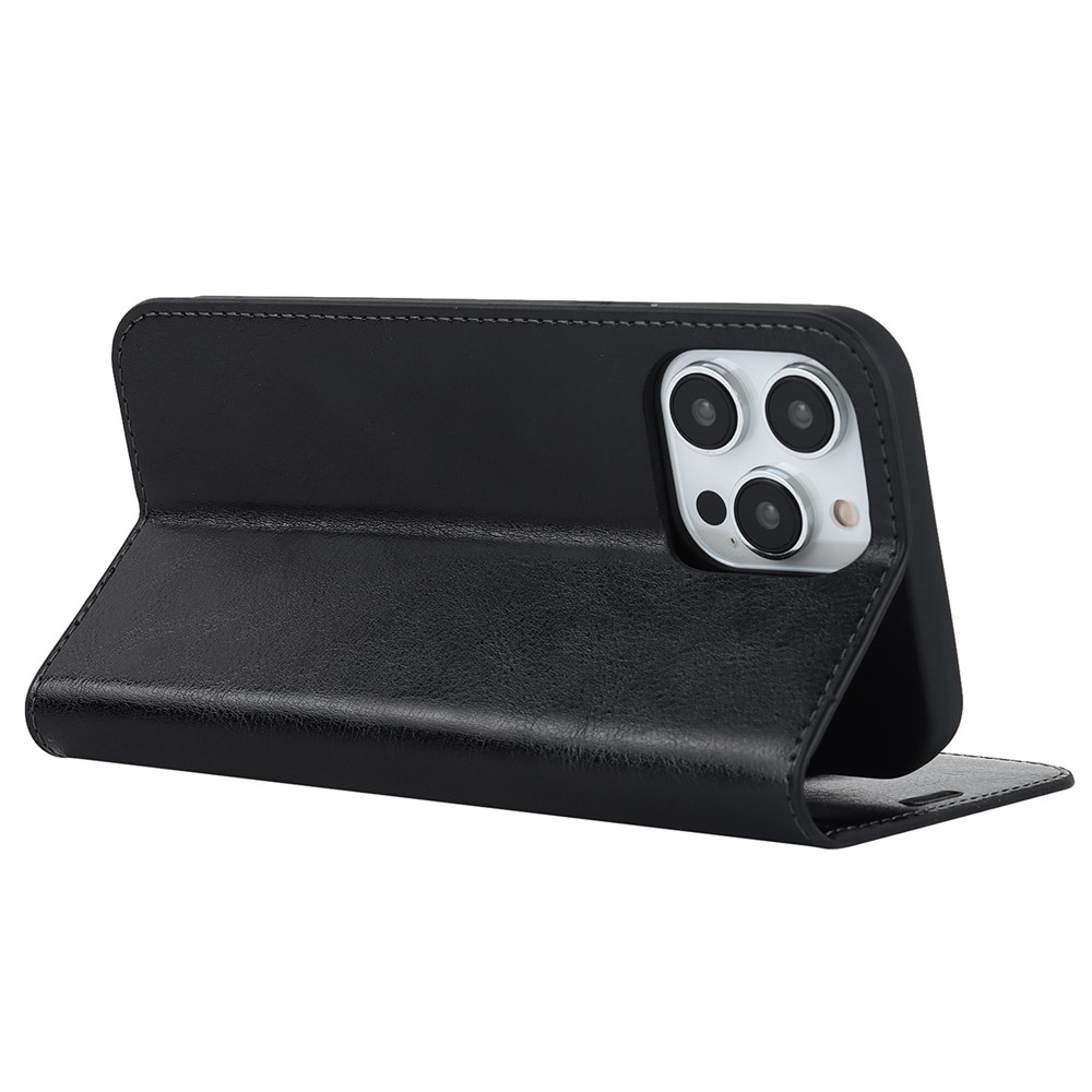 For iPhone 14 Pro 6.1 inch Genuine Leather Wallet Folio Case Crazy Horse Texture Magnetic Absorption Stand Cover - Black-4