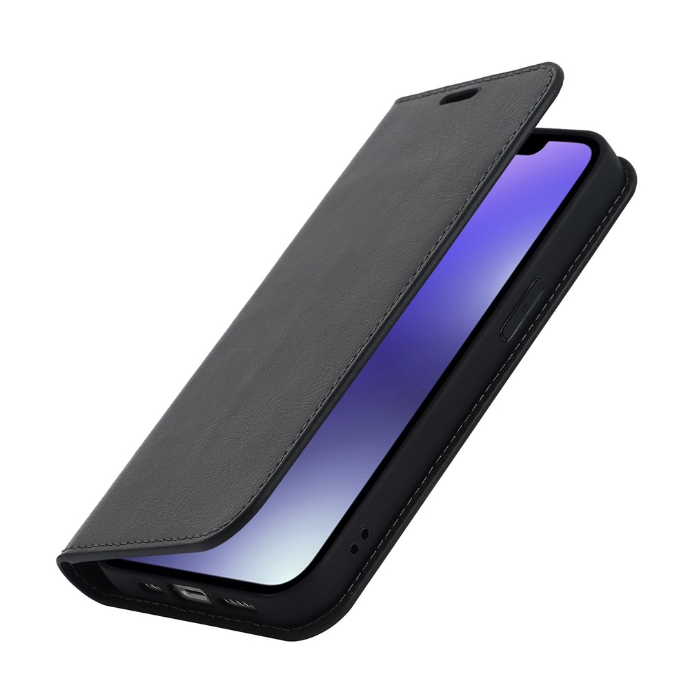 For iPhone 14 Max 6.7 inch Crazy Horse Texture Genuine Leather Wallet Case Stand Magnetic Auto-absorbed Folio Cover - Black-6