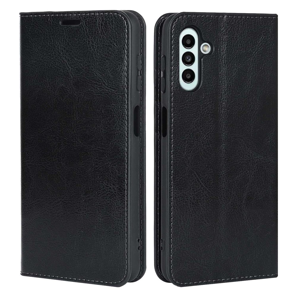 For Samsung Galaxy A13 5G Crazy Horse Texture Genuine Leather Cover Hidden Magnetic Absorption Stand Flip Wallet Phone Case - Black-1