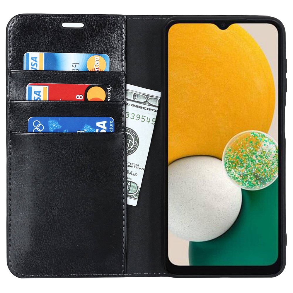 For Samsung Galaxy A13 5G Crazy Horse Texture Genuine Leather Cover Hidden Magnetic Absorption Stand Flip Wallet Phone Case - Black-2