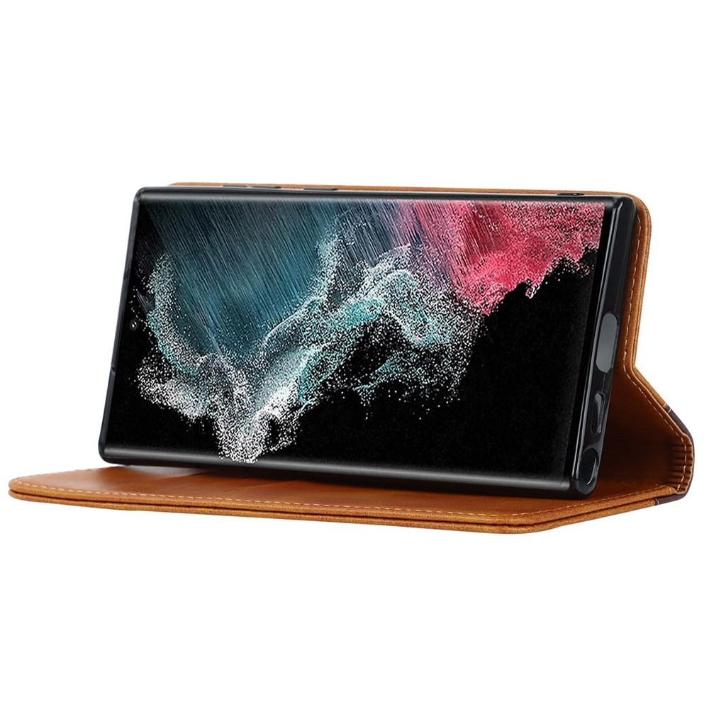 For Samsung Galaxy S22 Ultra 5G Bi-color Splicing Wallet Phone Case PU Leather Holder Folio Flip Stand Magnetic Absorption Cover - Yellow / Brown-3