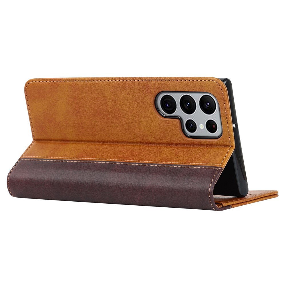 For Samsung Galaxy S22 Ultra 5G Bi-color Splicing Wallet Phone Case PU Leather Holder Folio Flip Stand Magnetic Absorption Cover - Yellow / Brown-4