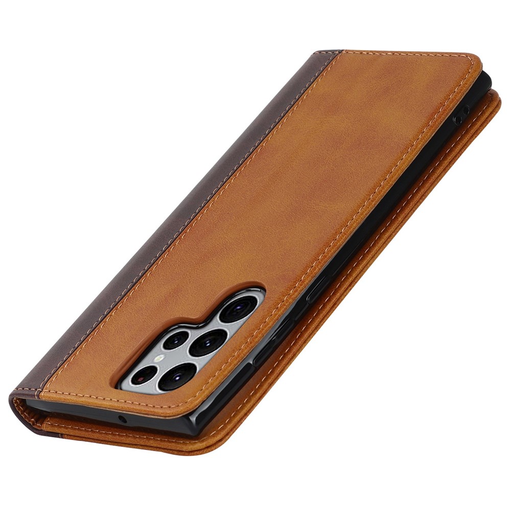 For Samsung Galaxy S22 Ultra 5G Bi-color Splicing Wallet Phone Case PU Leather Holder Folio Flip Stand Magnetic Absorption Cover - Yellow / Brown-7