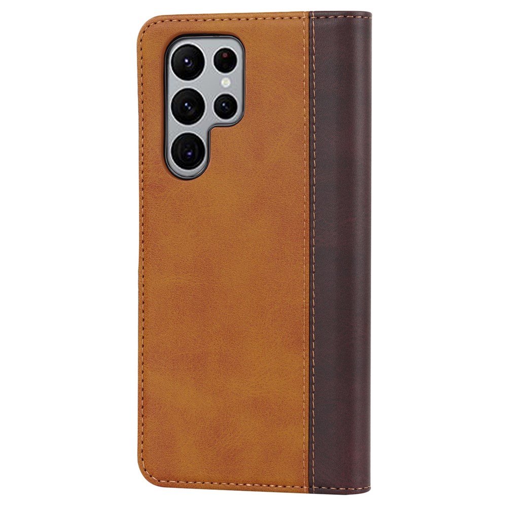 For Samsung Galaxy S22 Ultra 5G Bi-color Splicing Wallet Phone Case PU Leather Holder Folio Flip Stand Magnetic Absorption Cover - Yellow / Brown-9