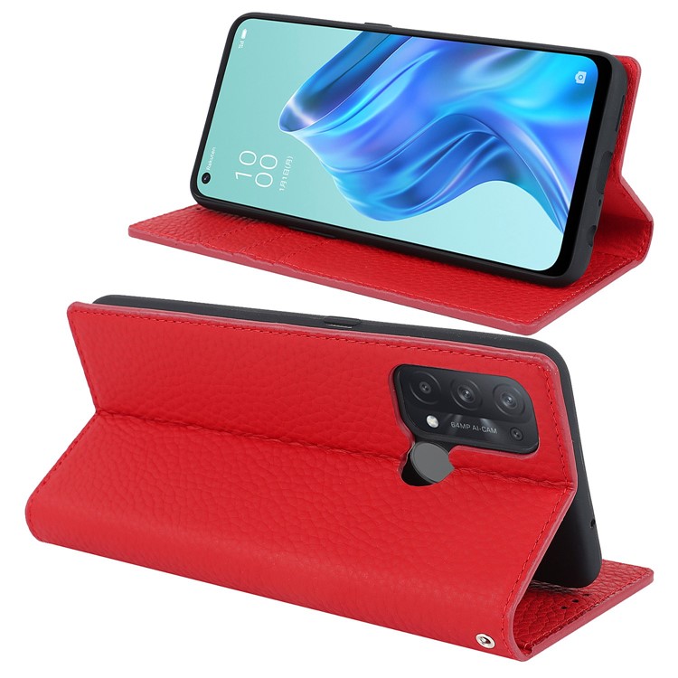 Para Oppo Reno5, Una Caja de Cuero Genuina A Prueba de Choque Litchi Texture Billet Stand Anti-scratch Shell Con Correa Para la Mano - Rojo-3