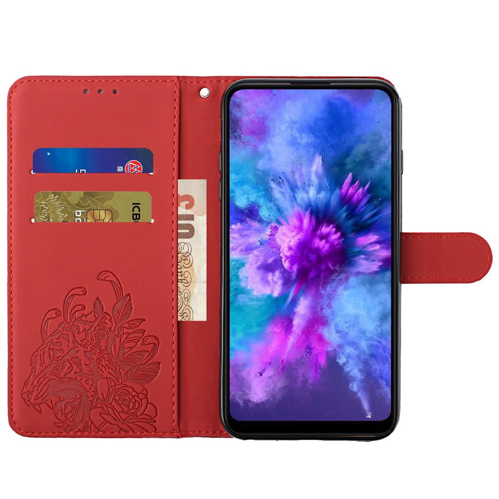 For iPhone 14 6.1 inch PU Leather Case Wallet Stand Function Tiger Head Imprinted Flip Cover with Wrist Strap - Red-2