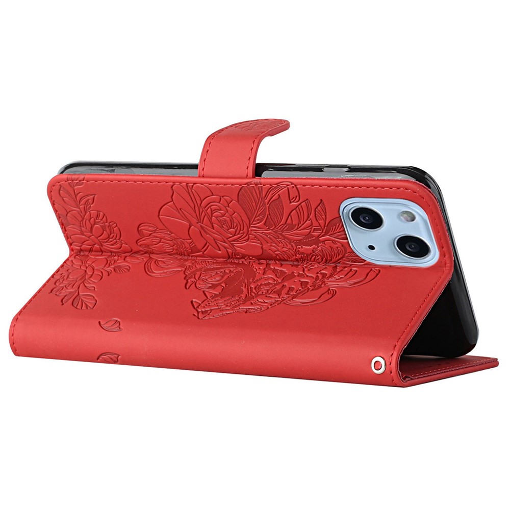 For iPhone 14 6.1 inch PU Leather Case Wallet Stand Function Tiger Head Imprinted Flip Cover with Wrist Strap - Red-3
