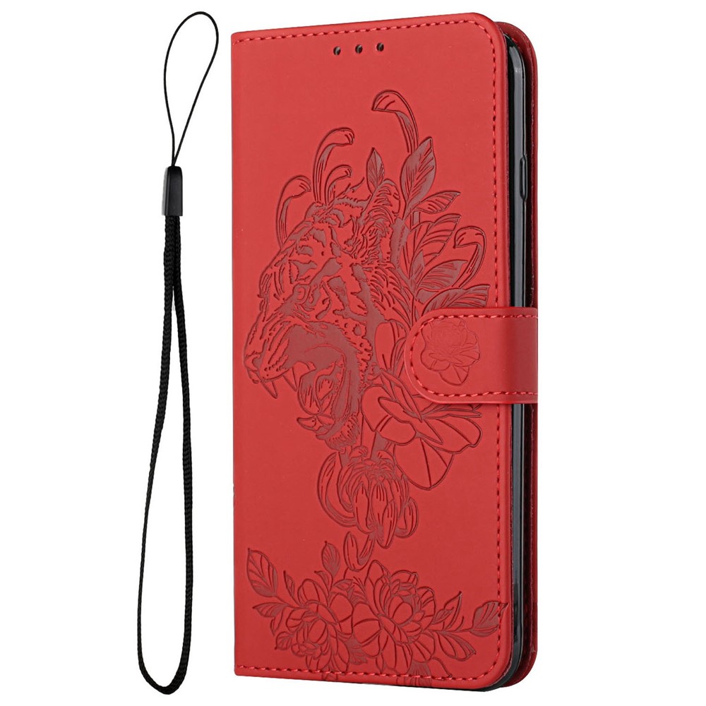 For iPhone 14 6.1 inch PU Leather Case Wallet Stand Function Tiger Head Imprinted Flip Cover with Wrist Strap - Red-6