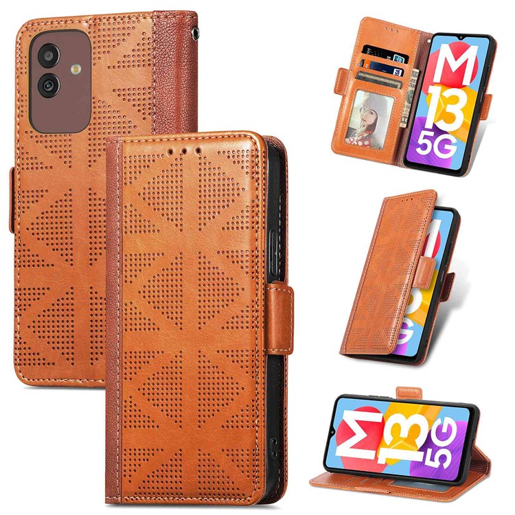 For Samsung Galaxy M13 5G Cross Rhombus Imprinted PU Leather Wallet Case Dual Magnetic Clasp Protect Stand Flip Cover - Brown-11