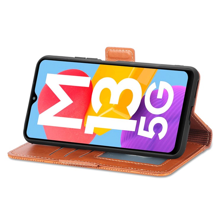 For Samsung Galaxy M13 5G Cross Rhombus Imprinted PU Leather Wallet Case Dual Magnetic Clasp Protect Stand Flip Cover - Brown-2
