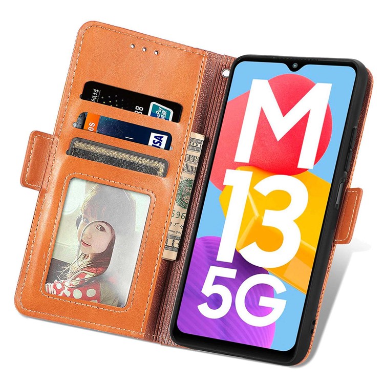 For Samsung Galaxy M13 5G Cross Rhombus Imprinted PU Leather Wallet Case Dual Magnetic Clasp Protect Stand Flip Cover - Brown-3