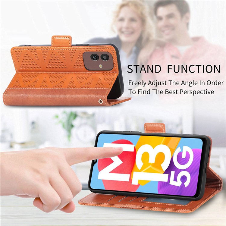 For Samsung Galaxy M13 5G Cross Rhombus Imprinted PU Leather Wallet Case Dual Magnetic Clasp Protect Stand Flip Cover - Brown-4