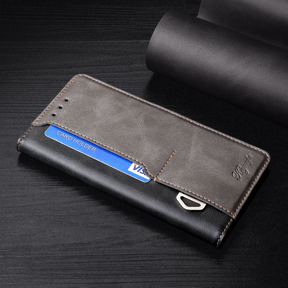 For iPhone 14 Pro 6.1 inch PU Leather Folio Flip Cover Contrast Color Splicing Stand Magnetic Wallet Phone Case - Black / Grey-7