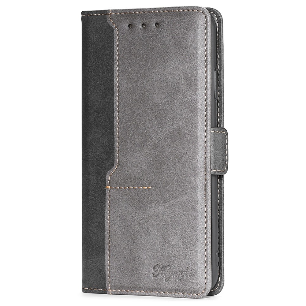 For iPhone 14 Pro 6.1 inch PU Leather Folio Flip Cover Contrast Color Splicing Stand Magnetic Wallet Phone Case - Black / Grey-8