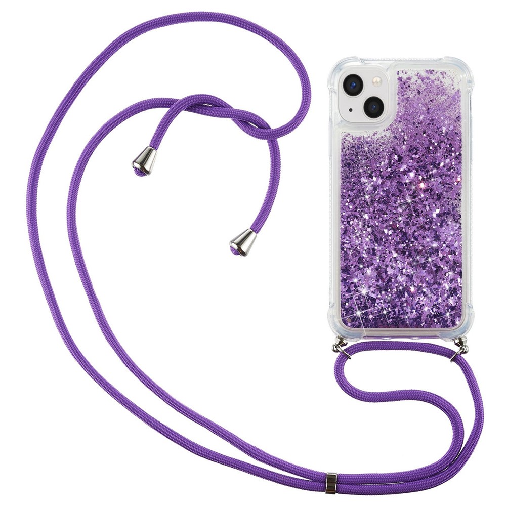 For iPhone 14 Max 6.7 inch Clear Quicksand Glitter Flowing Liquid Case Soft TPU Corners Cushion Back Cover with Long Lanyard - Purple-1