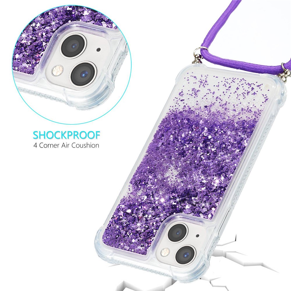 For iPhone 14 Max 6.7 inch Clear Quicksand Glitter Flowing Liquid Case Soft TPU Corners Cushion Back Cover with Long Lanyard - Purple-2
