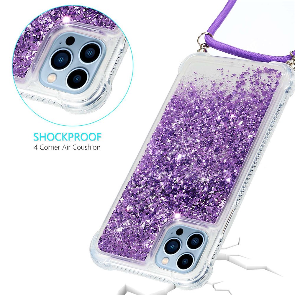 For iPhone 14 Pro Max 6.7 inch Quicksand Glitter Case Soft TPU Corners Cushion Phone Cover with Adjustable Lanyard - Purple-2