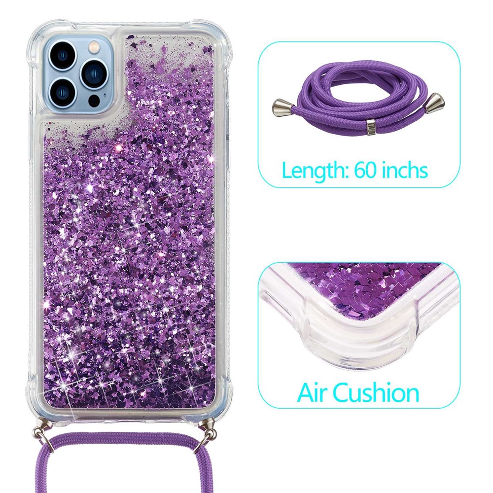 For iPhone 14 Pro Max 6.7 inch Quicksand Glitter Case Soft TPU Corners Cushion Phone Cover with Adjustable Lanyard - Purple-3