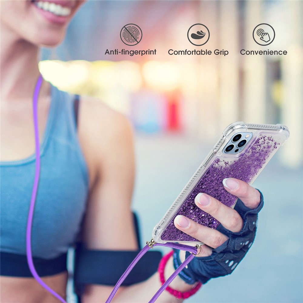 For iPhone 14 Pro Max 6.7 inch Quicksand Glitter Case Soft TPU Corners Cushion Phone Cover with Adjustable Lanyard - Purple-5