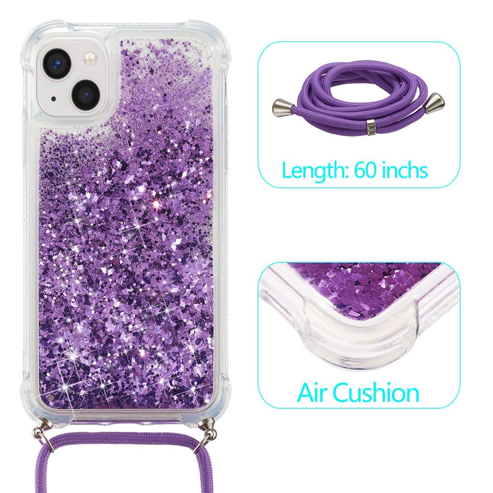 For iPhone 14 6.1 inch Glitter Flowing Liquid Floating Phone Case Quicksand Clear Soft TPU Protective Cover with Adjustable Lanyard - Purple-3