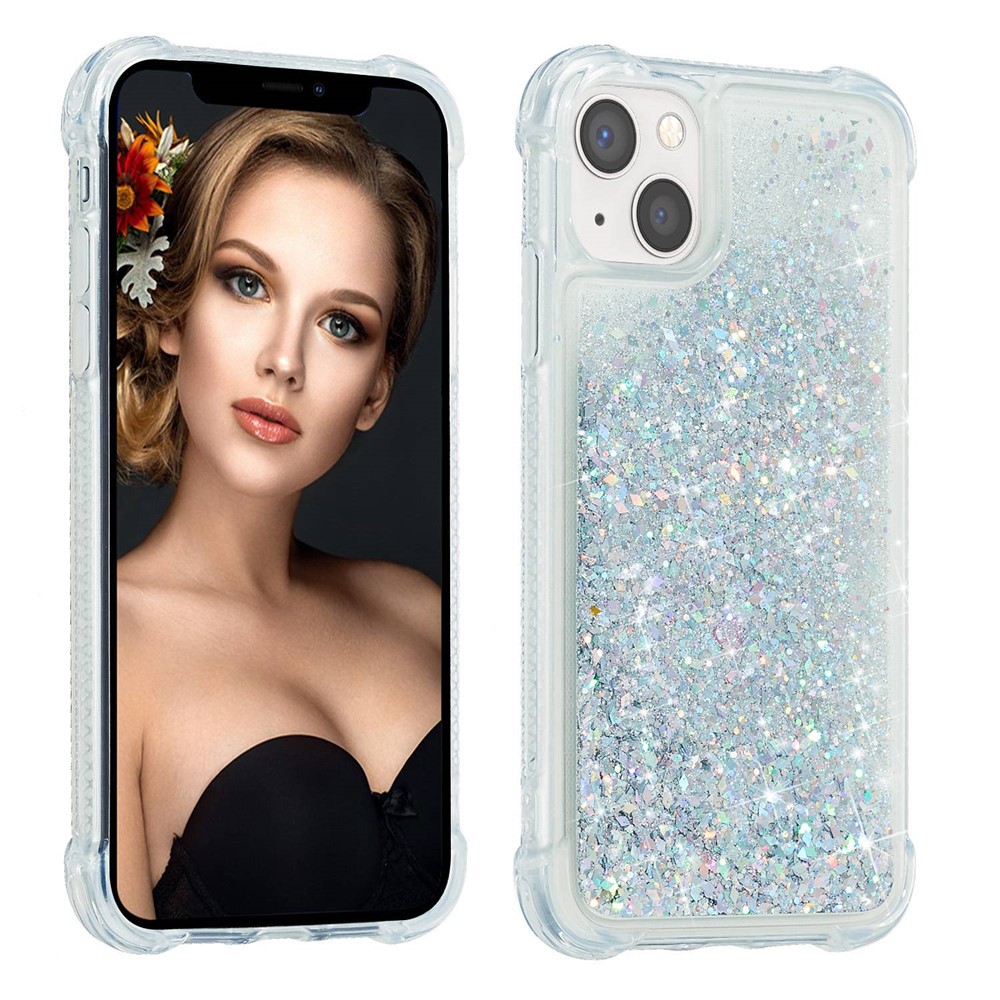 For iPhone 14 Max 6.7 inch Glitter Quicksand Liquid Phone Case Transparent Flexible TPU Cushion Protective Cover - Silver-2