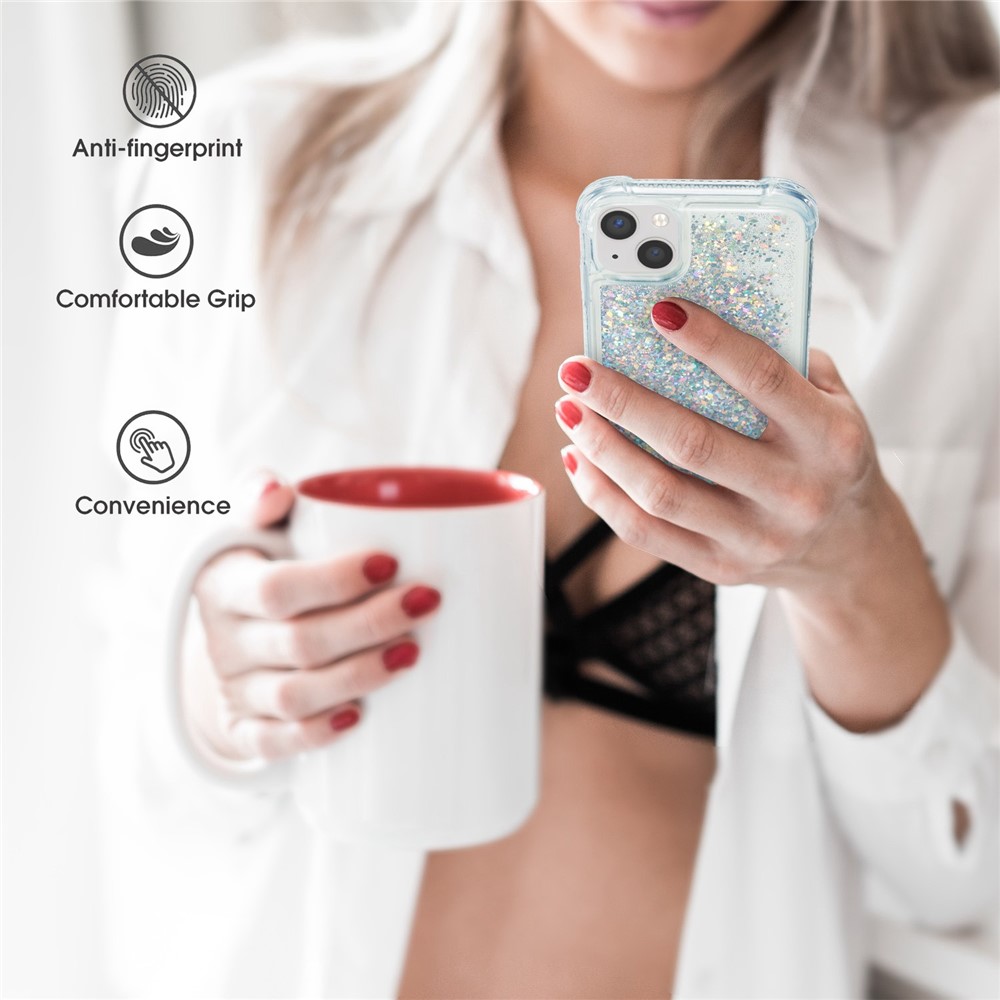 For iPhone 14 6.1 inch Quicksand Flowing Moving Bling Glitter Case Soft TPU Cushion Reinforced Corners Cover - Silver-4