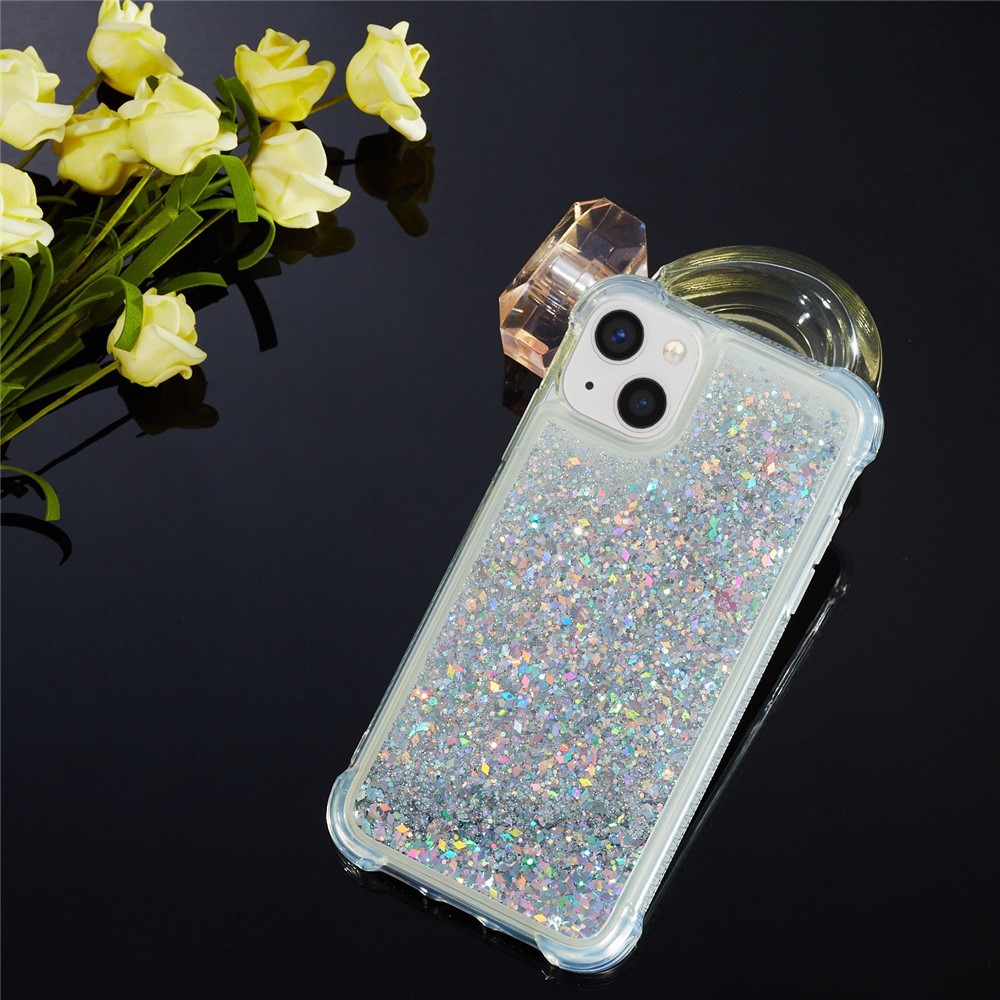 For iPhone 14 6.1 inch Quicksand Flowing Moving Bling Glitter Case Soft TPU Cushion Reinforced Corners Cover - Silver-6