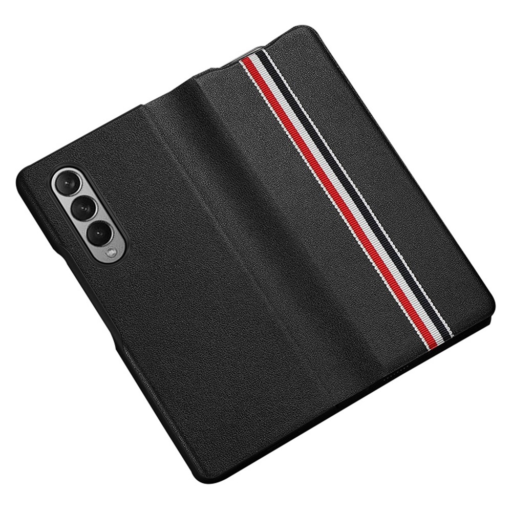 For Samsung Galaxy Z Fold4 5G Stripe Pattern Printed Folding Case Genuine Leather Well-protected Phone Cover - Black-1