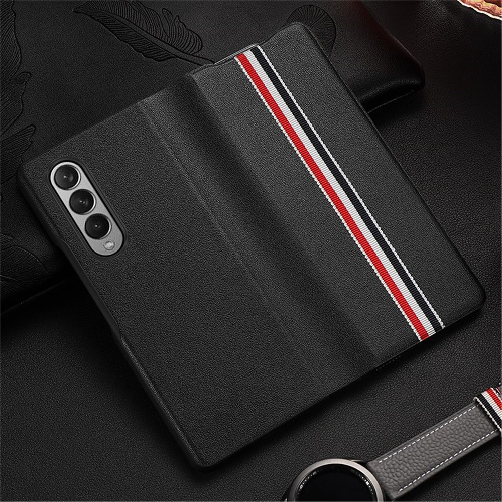 For Samsung Galaxy Z Fold4 5G Stripe Pattern Printed Folding Case Genuine Leather Well-protected Phone Cover - Black-2