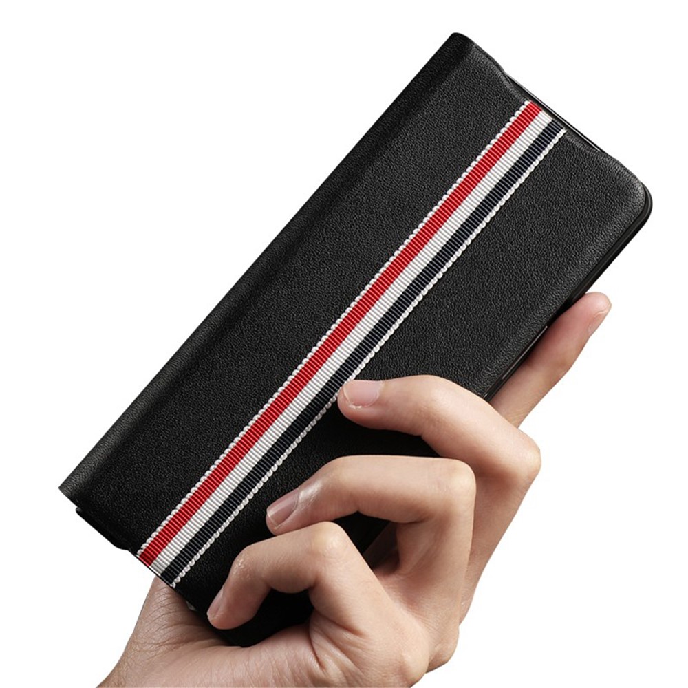 For Samsung Galaxy Z Fold4 5G Stripe Pattern Printed Folding Case Genuine Leather Well-protected Phone Cover - Black-4
