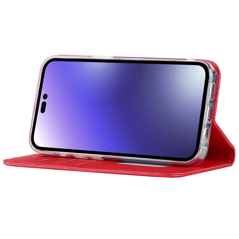 For iPhone 14 Pro Max 6.7 inch Wear-resistant PU Leather Silk Texture Wallet Phone Case Stand Protector with Wrist Strap - Red-3