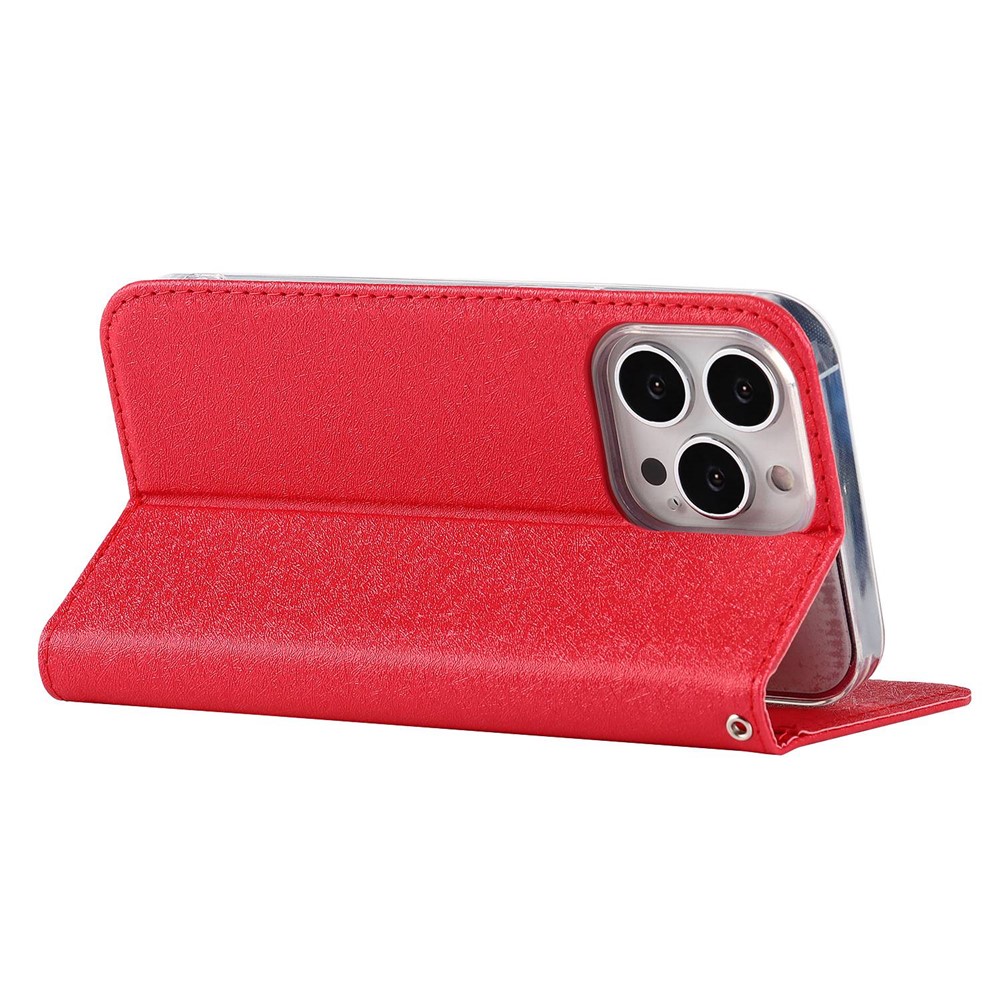 For iPhone 14 Pro Max 6.7 inch Wear-resistant PU Leather Silk Texture Wallet Phone Case Stand Protector with Wrist Strap - Red-4
