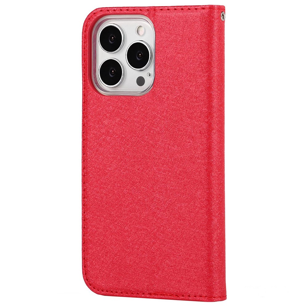 For iPhone 14 Pro Max 6.7 inch Wear-resistant PU Leather Silk Texture Wallet Phone Case Stand Protector with Wrist Strap - Red-8