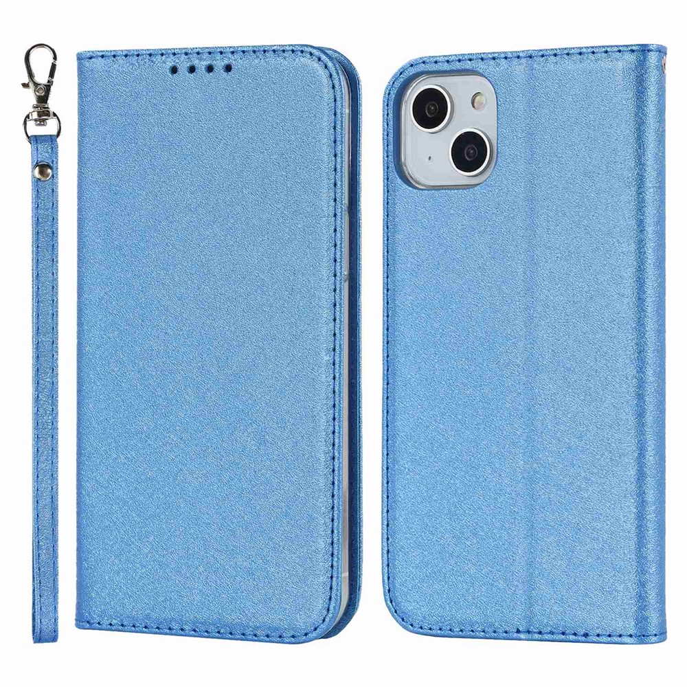 For iPhone 14 6.1 inch PU Leather Silk Texture Anti-wear Phone Case Stand Anti-shock Wallet Shell with Wrist Strap - Blue-1