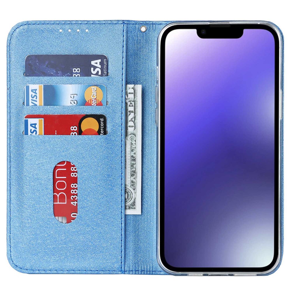 For iPhone 14 6.1 inch PU Leather Silk Texture Anti-wear Phone Case Stand Anti-shock Wallet Shell with Wrist Strap - Blue-2
