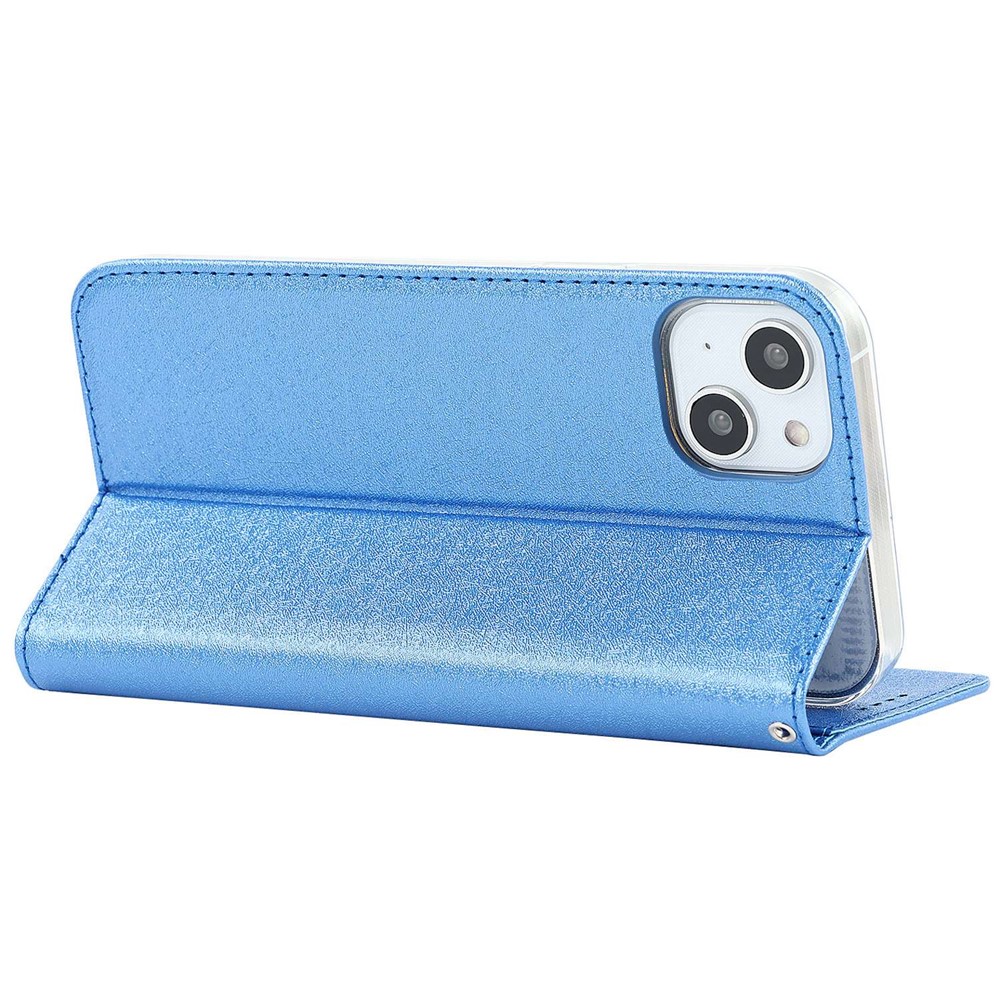 For iPhone 14 6.1 inch PU Leather Silk Texture Anti-wear Phone Case Stand Anti-shock Wallet Shell with Wrist Strap - Blue-4