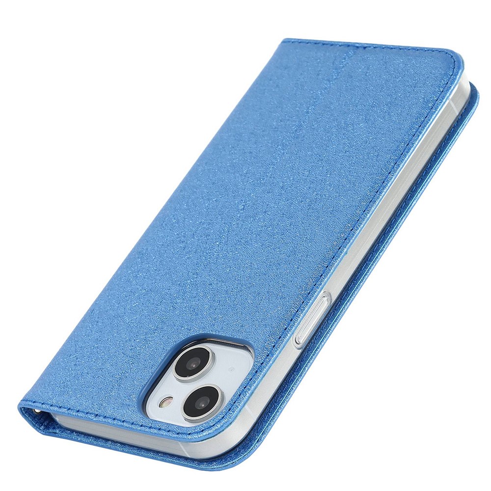 For iPhone 14 6.1 inch PU Leather Silk Texture Anti-wear Phone Case Stand Anti-shock Wallet Shell with Wrist Strap - Blue-5