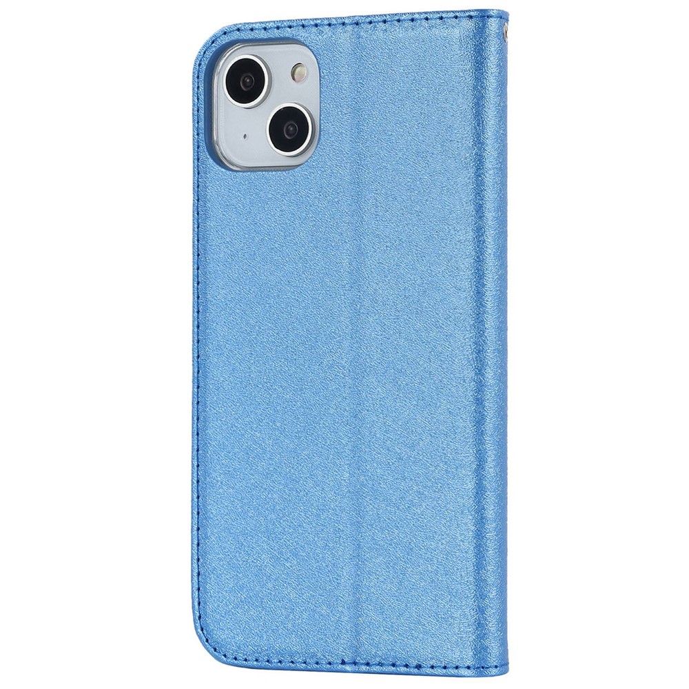 For iPhone 14 6.1 inch PU Leather Silk Texture Anti-wear Phone Case Stand Anti-shock Wallet Shell with Wrist Strap - Blue-8