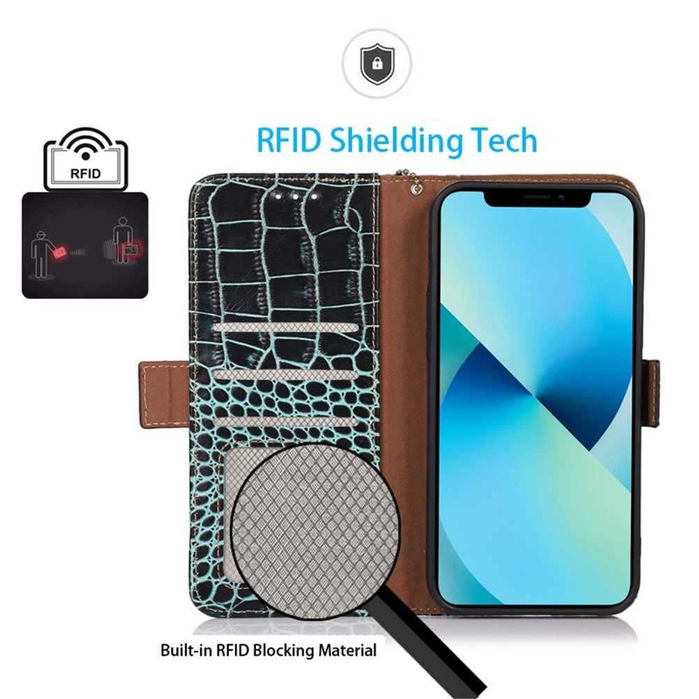 For Huawei nova Y90 4G / Enjoy 50 Pro 5G Genuine Cowhide Leather Flip Cover Crocodile Texture RFID Blocking Protection Stand Wallet Phone Case - Green-5