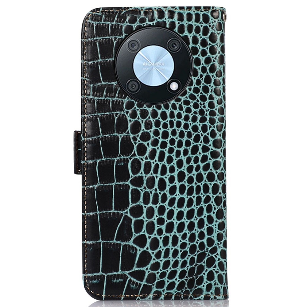 For Huawei nova Y90 4G / Enjoy 50 Pro 5G Genuine Cowhide Leather Flip Cover Crocodile Texture RFID Blocking Protection Stand Wallet Phone Case - Green-9