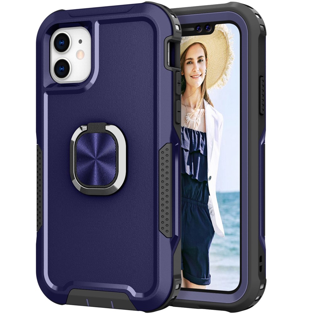 For iPhone 11 6.1 inch Drop-proof PC + Silicone Phone Case Rotatable Ring Kickstand Wear-resistant Phone Cover - Navy Blue