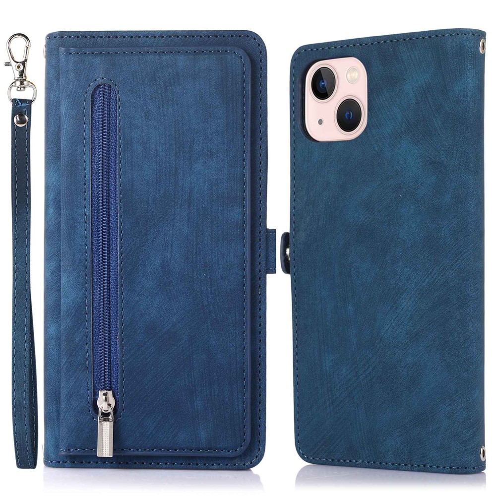 For iPhone 13 mini 5.4 inch PU Leather Wallet Case Multi-Functional 9 Card Slots Stand Protective Cover with Zipper Pocket and Wrist Strap - Blue