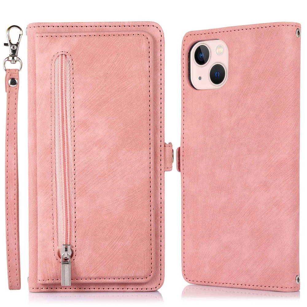 For iPhone 13 mini 5.4 inch PU Leather Wallet Case Multi-Functional 9 Card Slots Stand Protective Cover with Zipper Pocket and Wrist Strap - Rose Gold