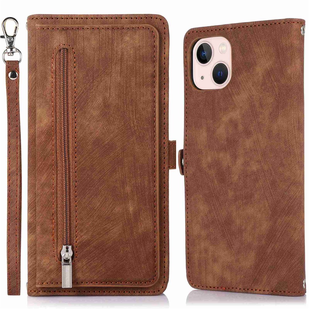 For iPhone 13 mini 5.4 inch PU Leather Wallet Case Multi-Functional 9 Card Slots Stand Protective Cover with Zipper Pocket and Wrist Strap - Brown