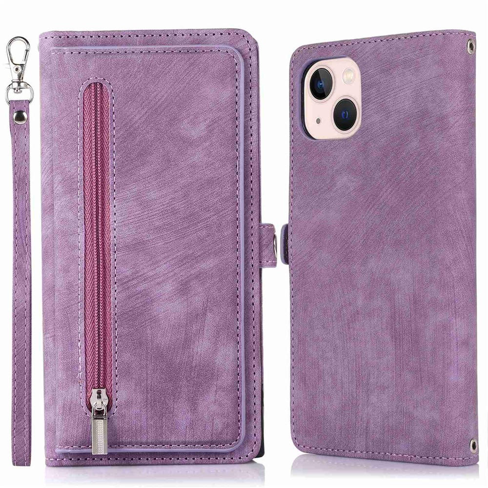 For iPhone 13 mini 5.4 inch PU Leather Wallet Case Multi-Functional 9 Card Slots Stand Protective Cover with Zipper Pocket and Wrist Strap - Purple