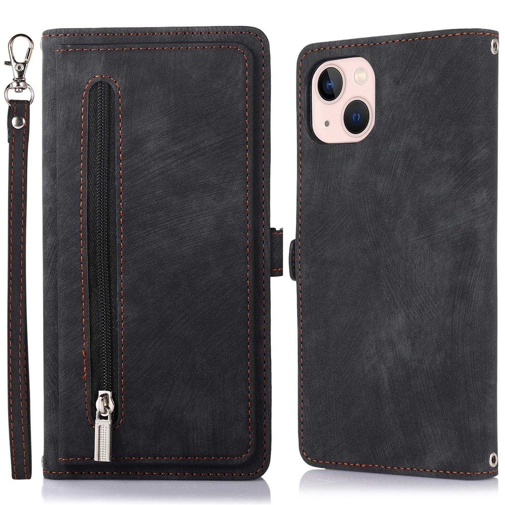 For iPhone 13 mini 5.4 inch PU Leather Wallet Case Multi-Functional 9 Card Slots Stand Protective Cover with Zipper Pocket and Wrist Strap - Black