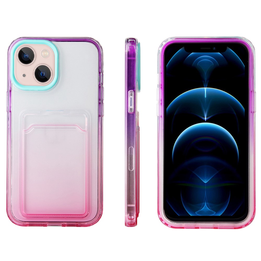 For iPhone 14 6.1 inch Flexible Soft TPU Gradient Phone Case Card Slot Design Mobile Phone Shell - Cyan / Rose-5