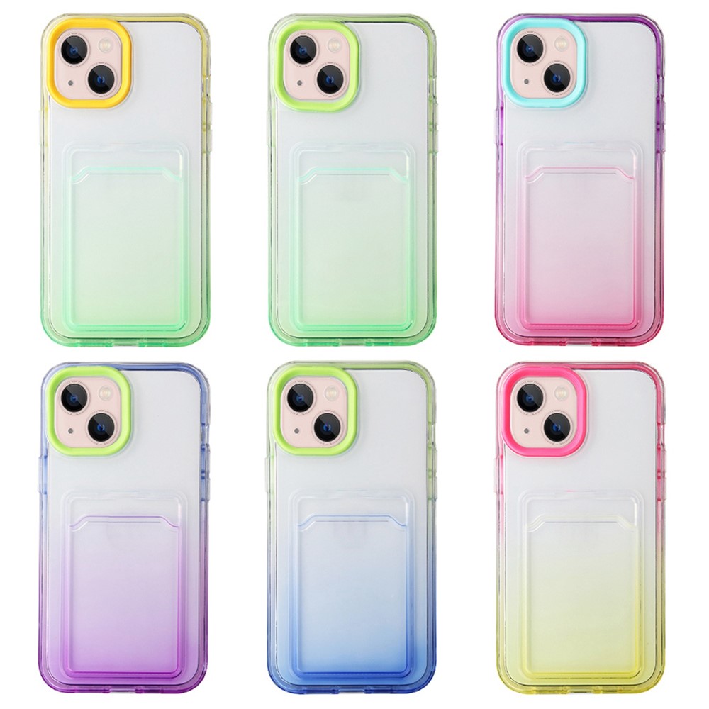 For iPhone 14 6.1 inch Flexible Soft TPU Gradient Phone Case Card Slot Design Mobile Phone Shell - Cyan / Rose-6