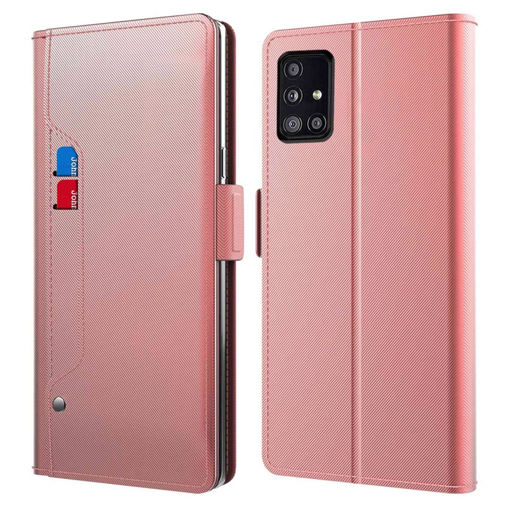 For Samsung Galaxy A51 5G SM-A516 PU Leather Makeup Mirror Stand Case Card Holder Drop-proof Magnetic Phone Cover - Rose Gold